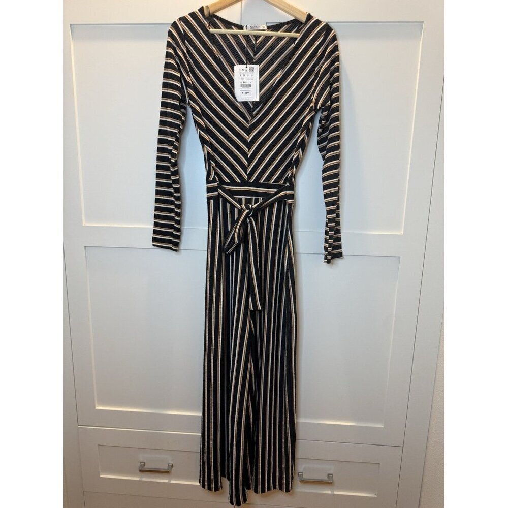 NWT Pull & Bear Black Striped Wide Leg Knit Jumpsuit Sz S Boho Festival - Picture 2 of 8